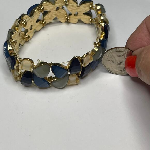 gold tone bracelet faux jewels in teals blue green costume jewelry - Picture 6 of 11